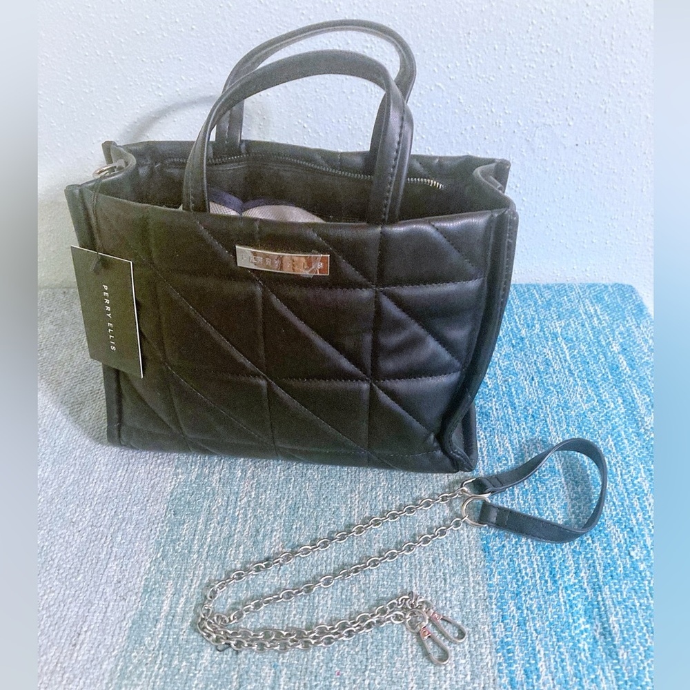 Perry Ellis Black Quilted Satchel Tote Crossbody Bag Handbag NWT